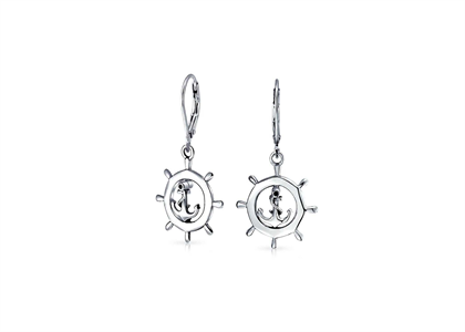 Rhodium Plated Wheel Anchor Lever Back Dangle Earrings